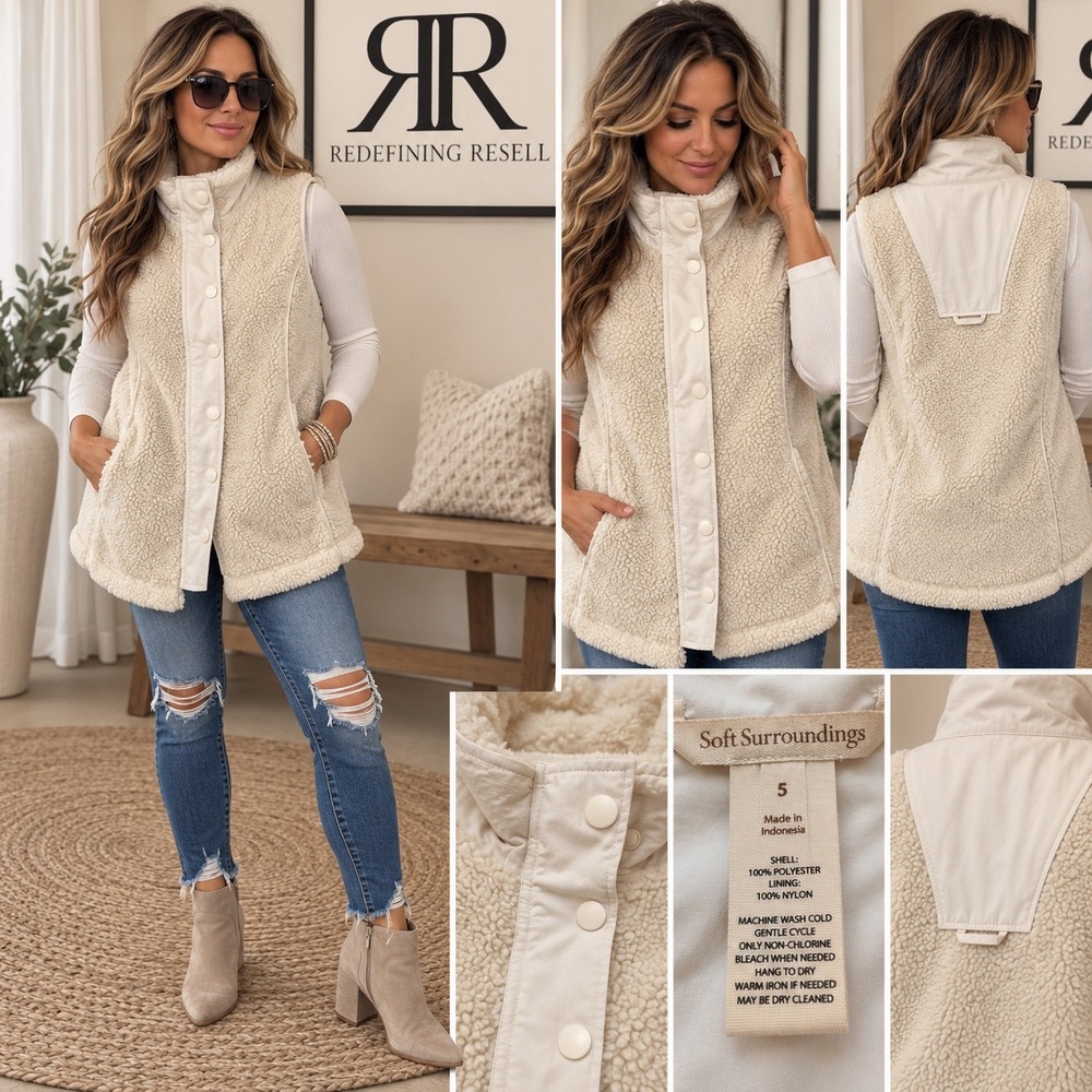 Soft Surroundings Cream Sherpa Fleece Snap Front Vest Mock Neck Ivory Small 5